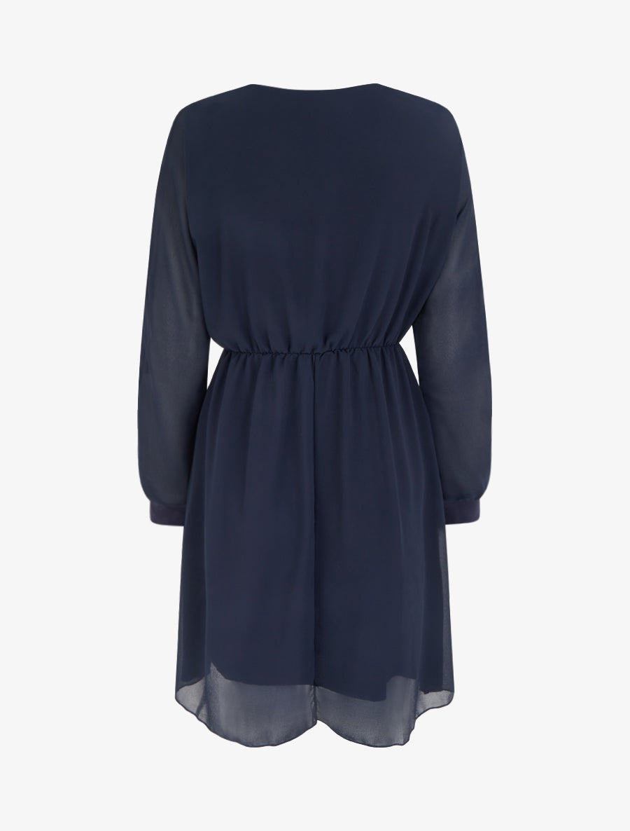 Robe évasée en voile à col cache-coeur - Marine - 2