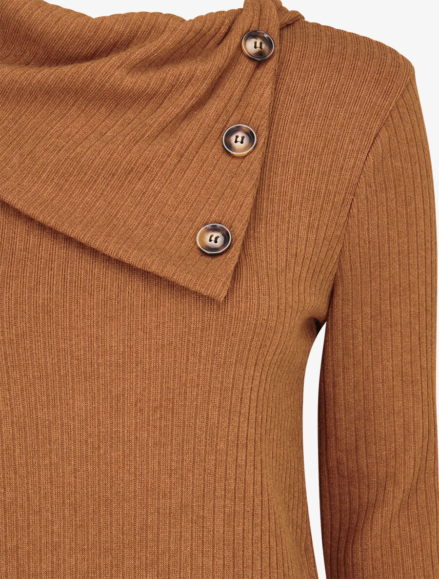 Pull fin côtelé à col stylisé - Camel - 3