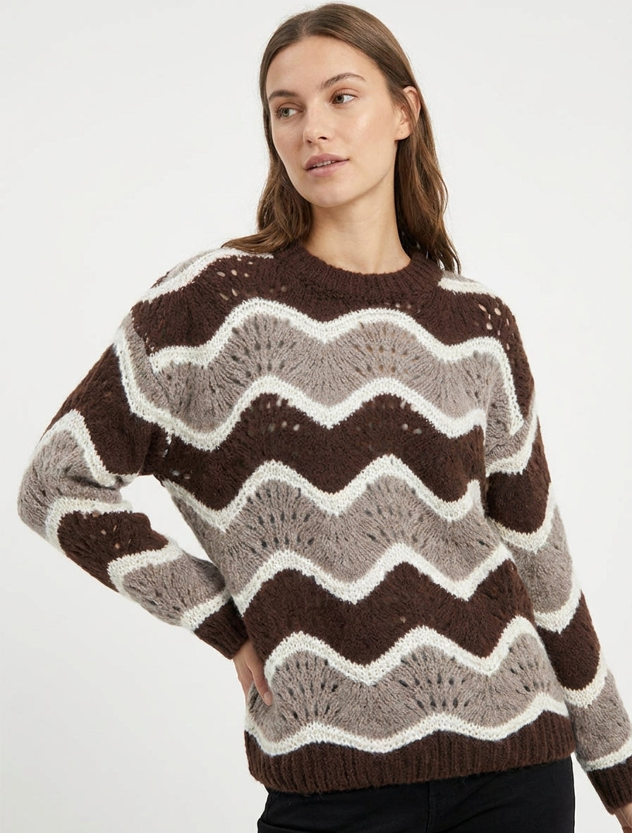Trui van mohairmix met gebogen streeppatroon - Bruin/taupe