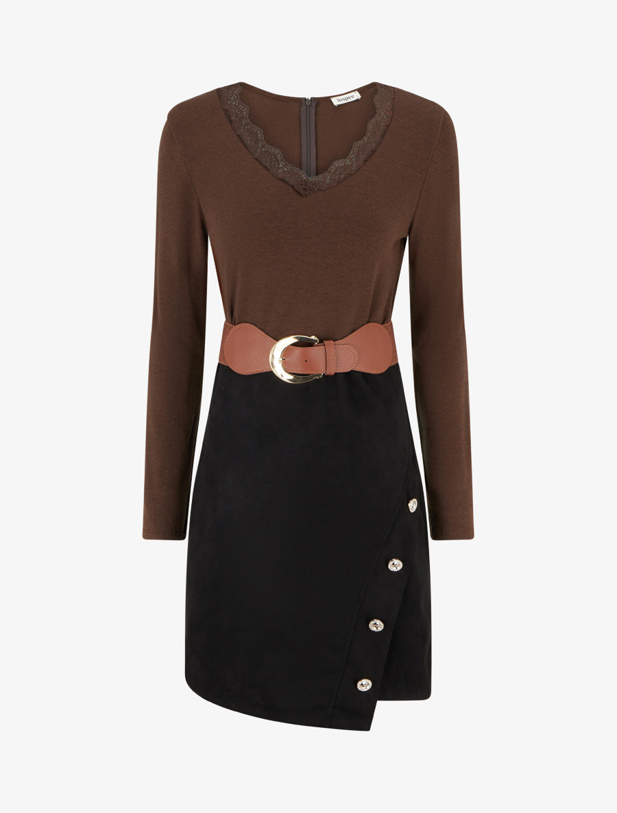 Robe droite bicolore - Marron - 1