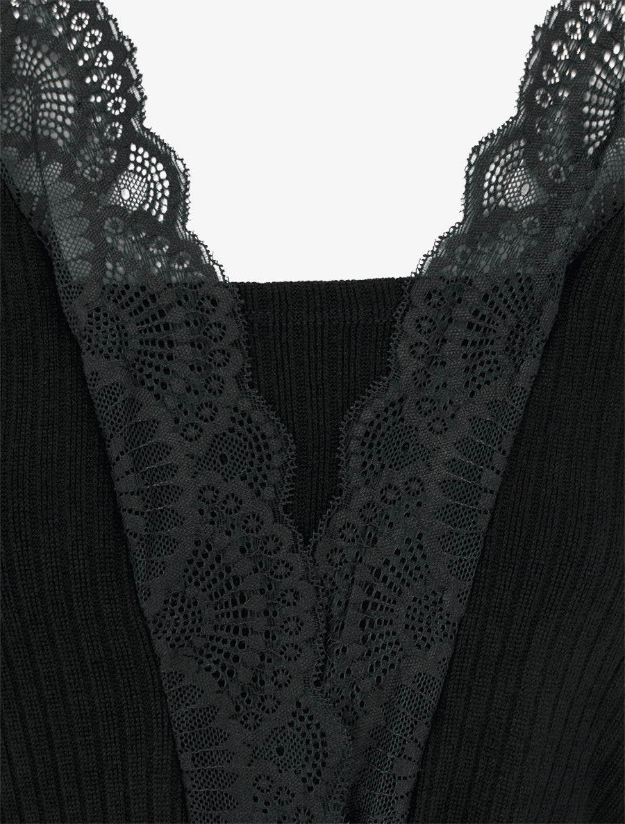 Robe droite bimatière à détail dentelle - Noir - 3