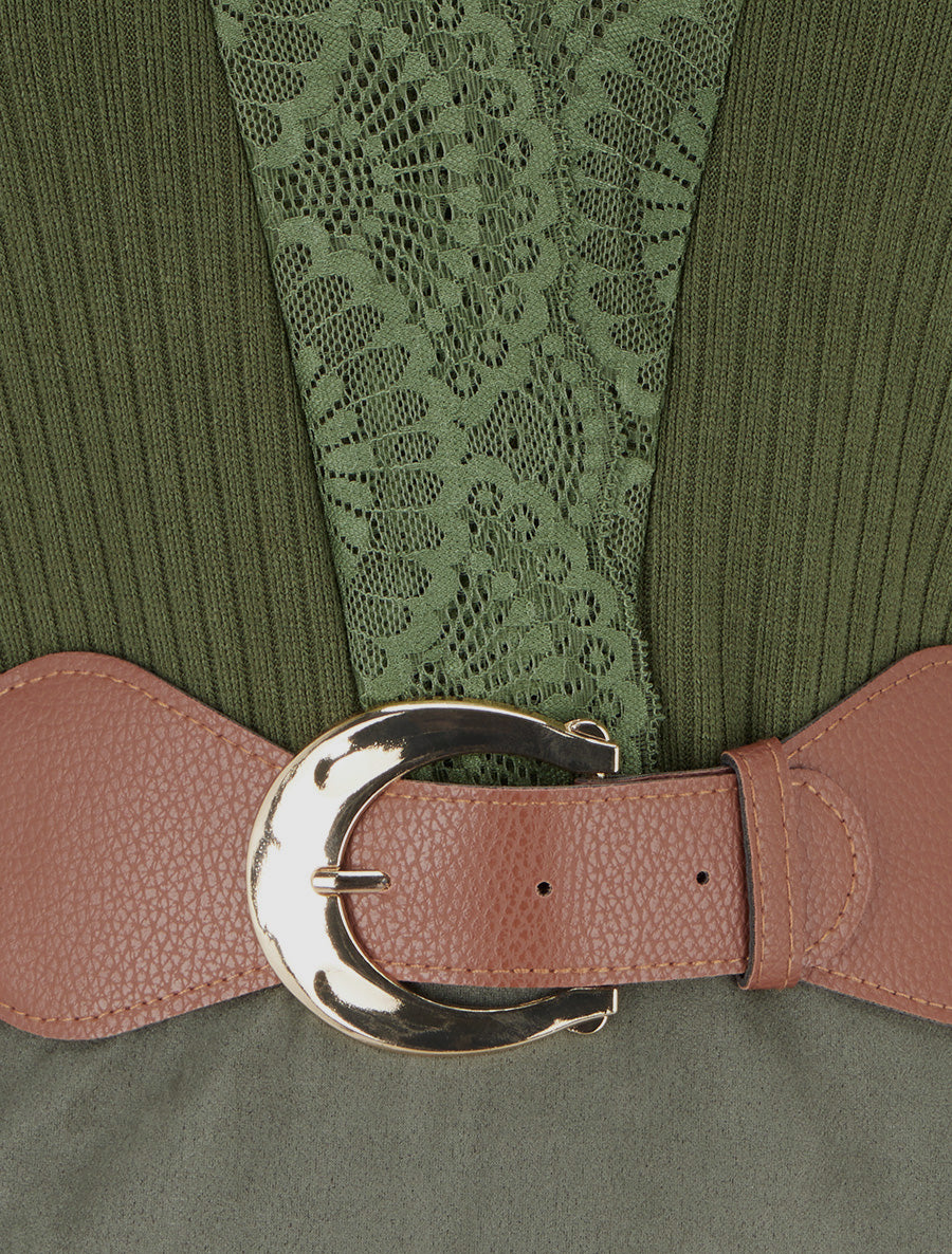 Robe droite bimatière à détail dentelle - Kaki - 3