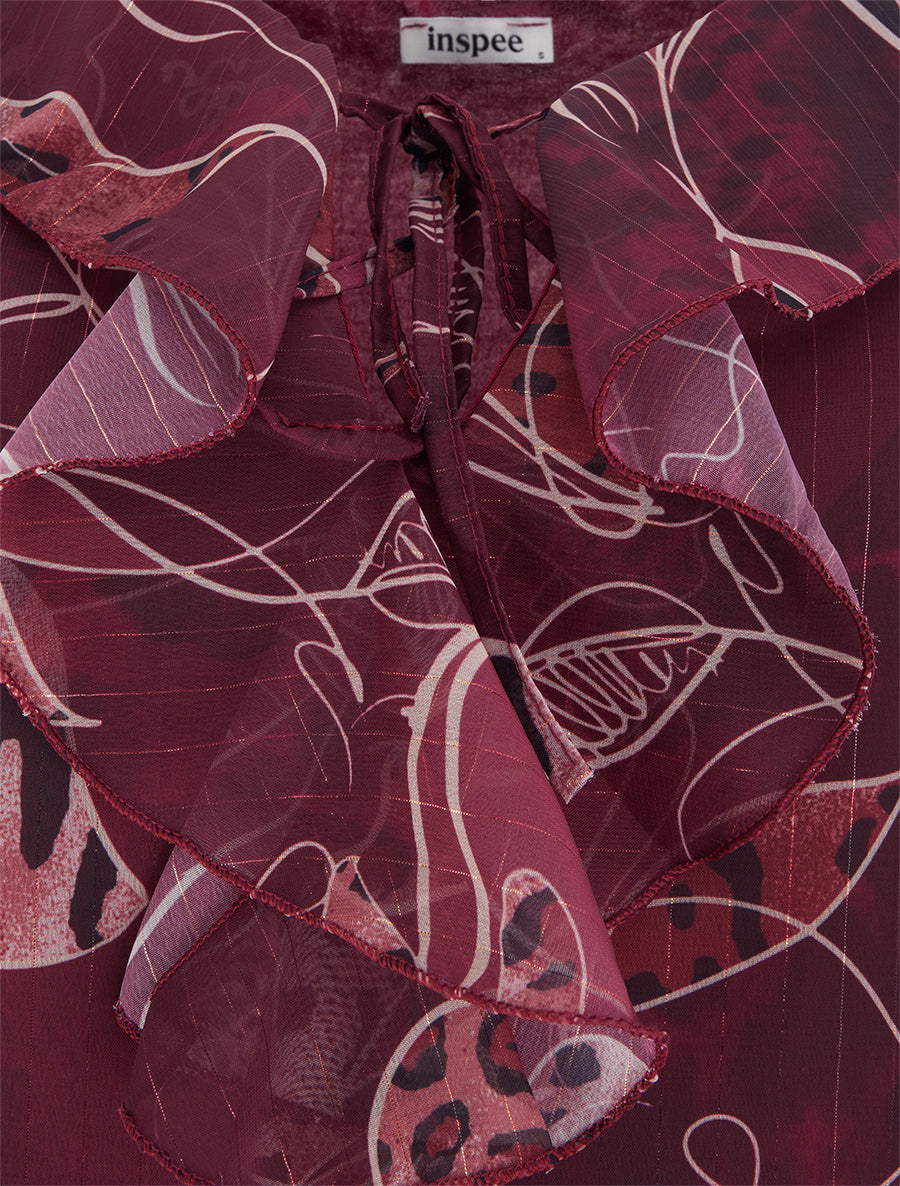 Top droit col volanté et imprimé floral léopard - Lie de vin - 3