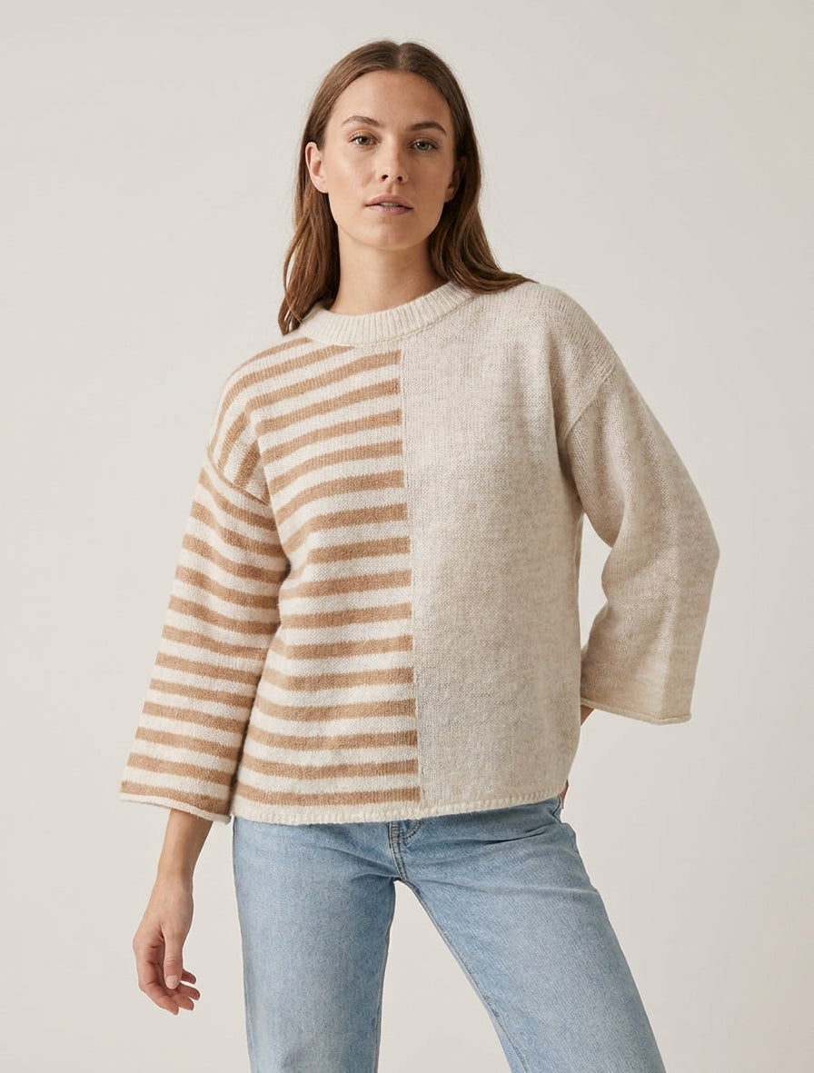 Gestreepte trui van mohairmix met ronde hals - Beige