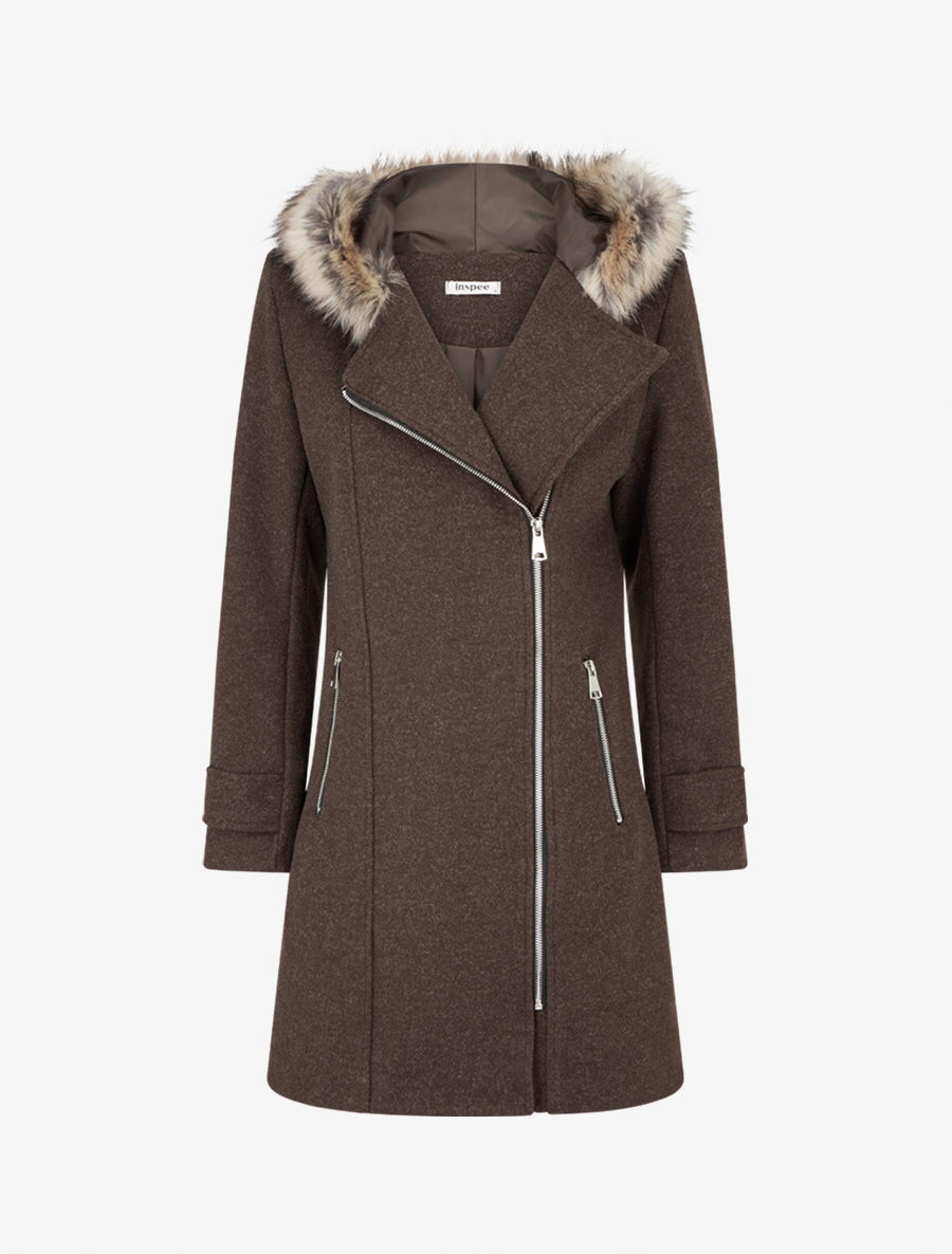 Manteau long à zip asymétrique avec fourrure sur la capuche - Chocolat - 1