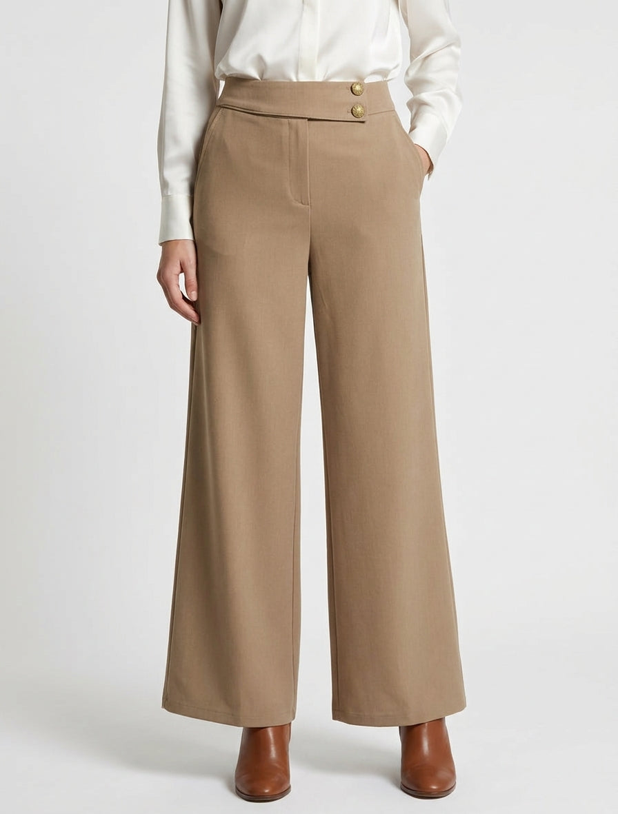 Wijde broek met elastische hoge taille. - Licht kameel