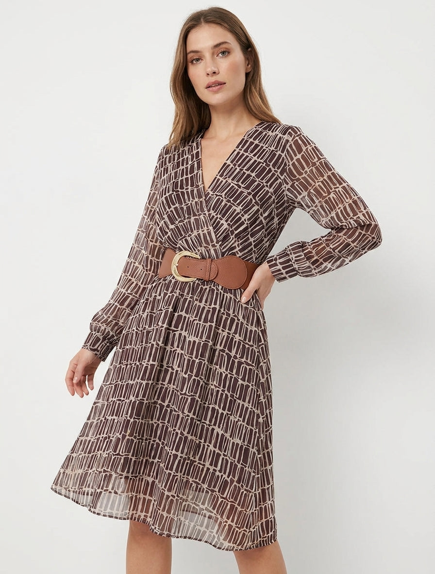 Elastische midi-jurk met grafische print - Bruin