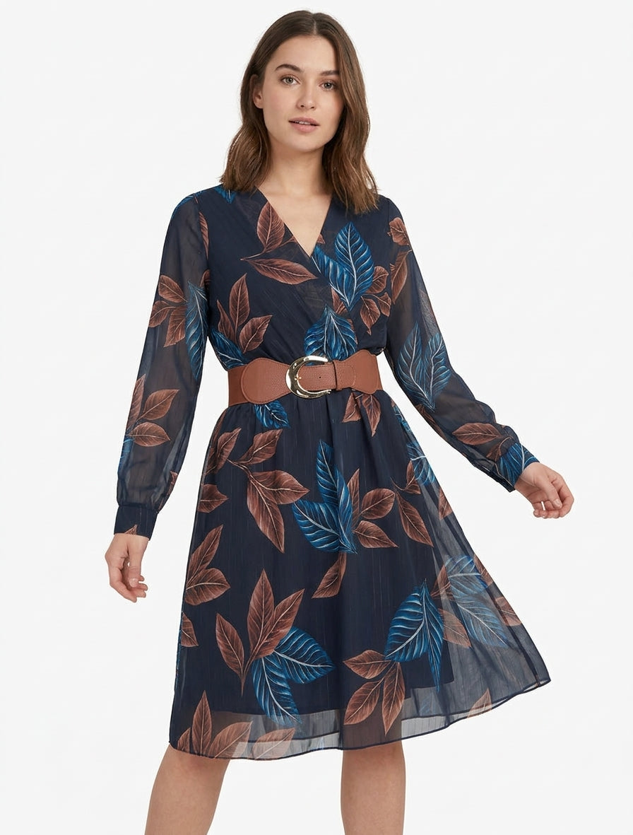 Midirok met elastiek en bladenprint - Marine