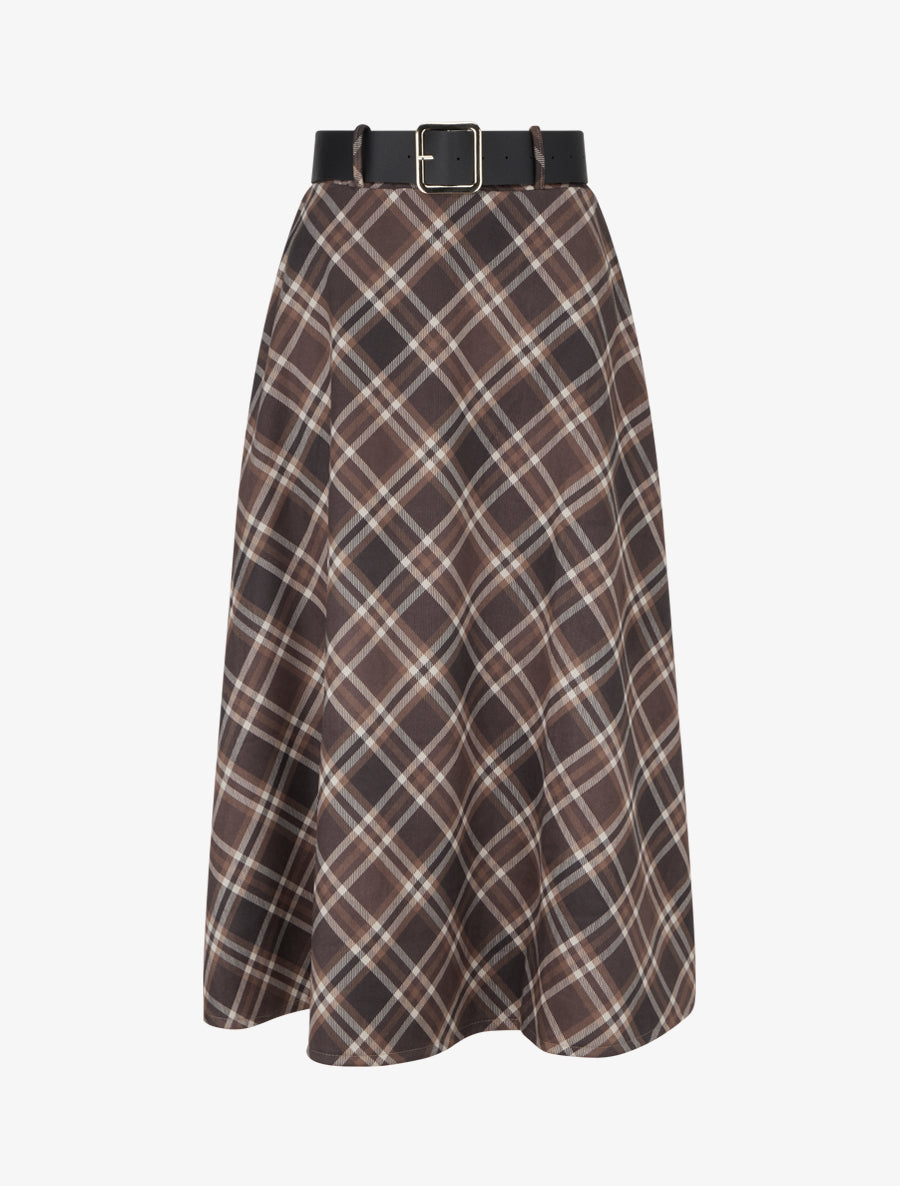 Jupe mi-longue imprimé tartan écossais - Marron - 1