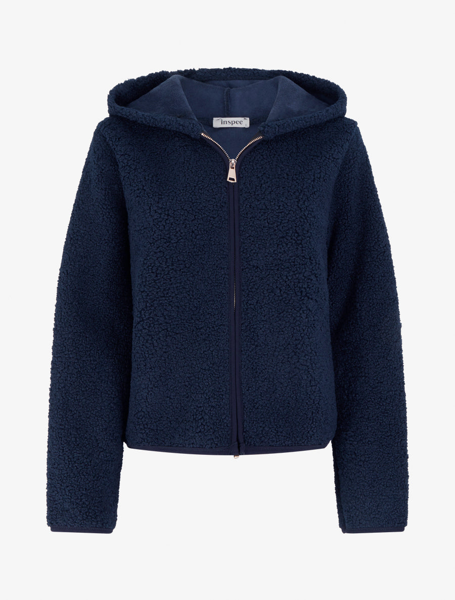 Veste zippée à capuche effet laine bouclée - Marine - 1