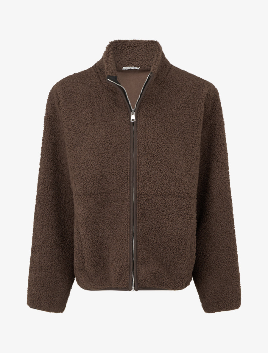 Veste effet laine bouclée à col montant - Marron - 1