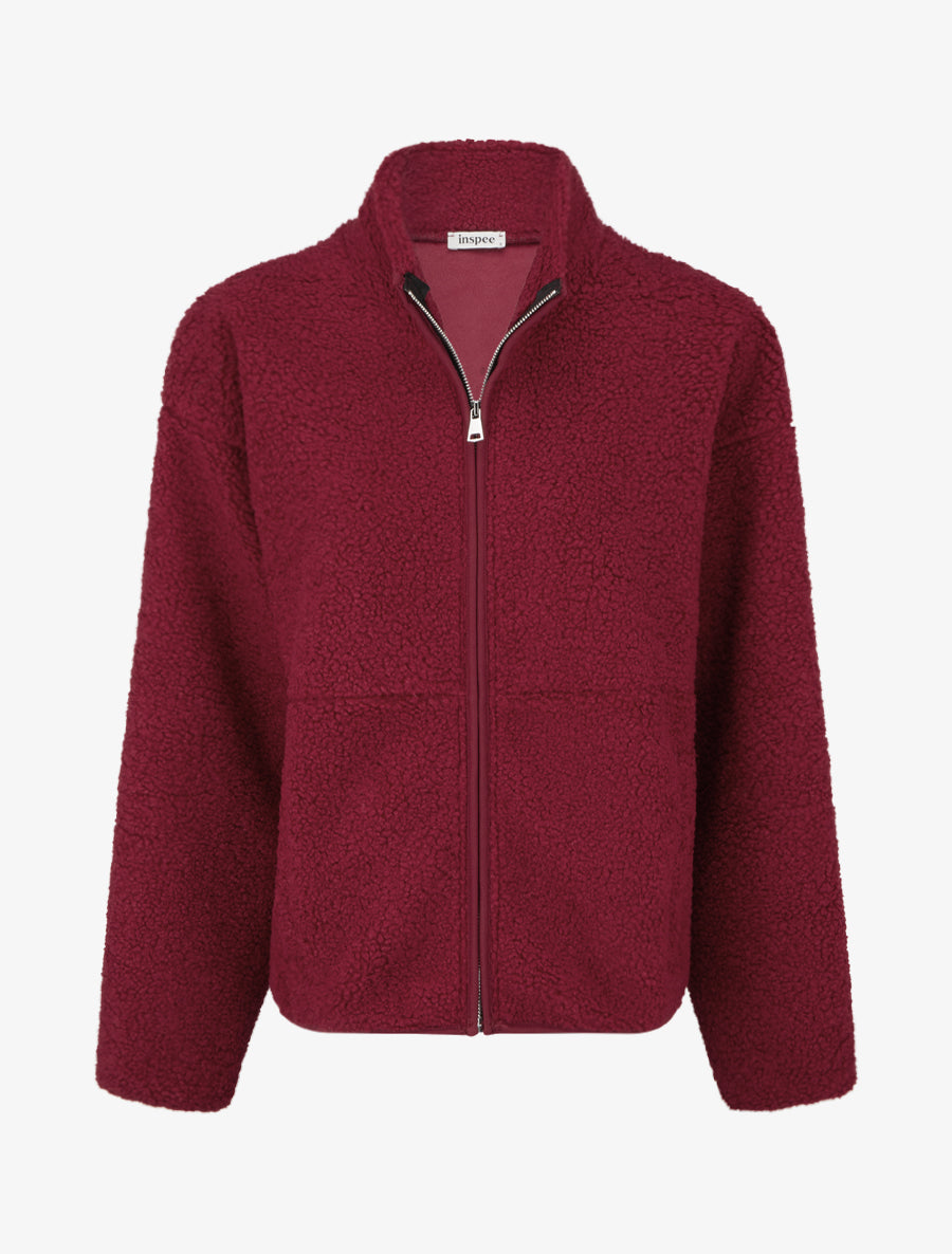 Veste effet laine bouclée à col montant - Rouge - 1