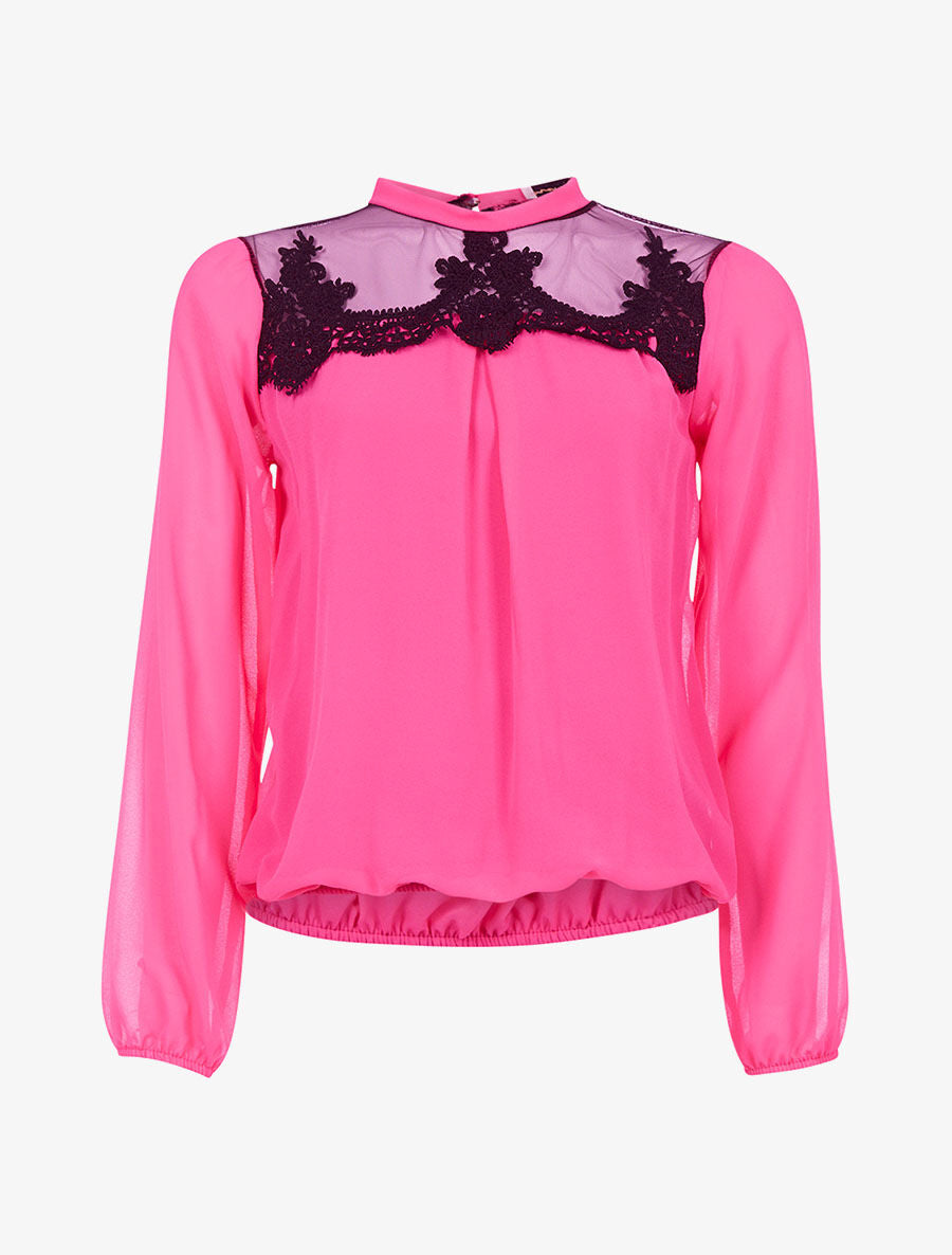 Top voile buste transparent à dentelle - fushia - 3