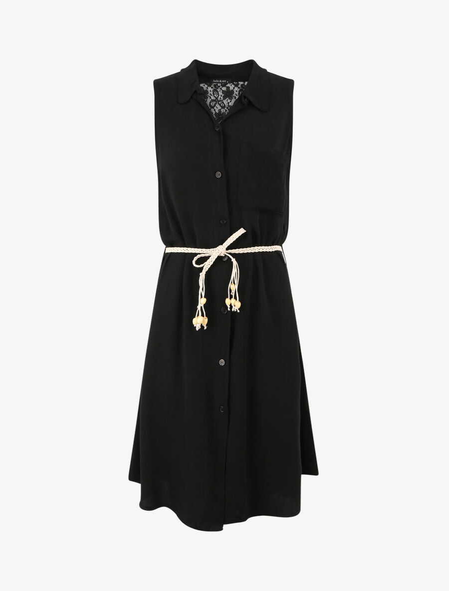 Robe chemise mi-longue unie sans manches - Noir - 4