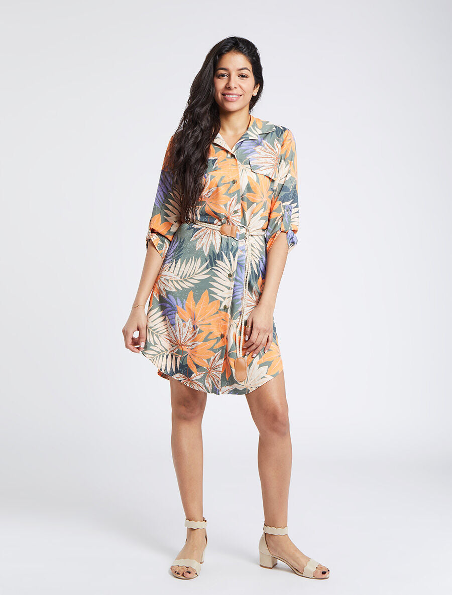 Robe chemise droite imprimé tropical - Vert olive - 4