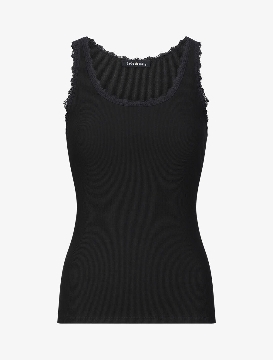Débardeur slim uni à col rond dentelle - Noir - 1
