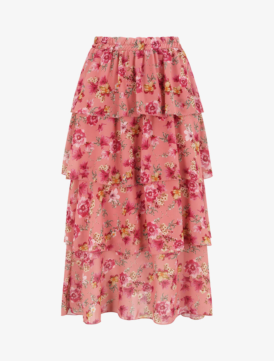 Jupe longue à volants et imprimé fleuri - Vieux rose - 1