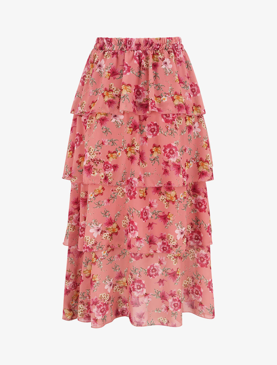 Jupe longue à volants et imprimé fleuri - Vieux rose - 2