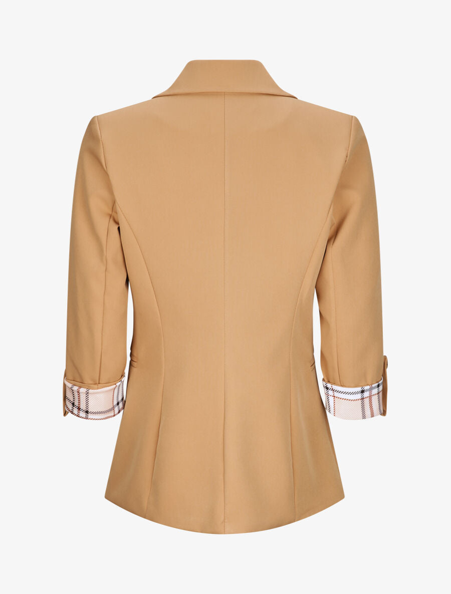 Blazer droit uni manches 3/4 à revers carreaux - Camel - 2