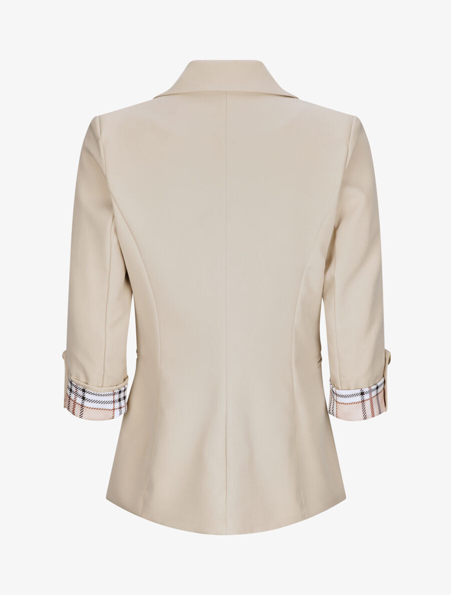 Blazer droit uni manches 3/4 à revers carreaux - Beige - 2