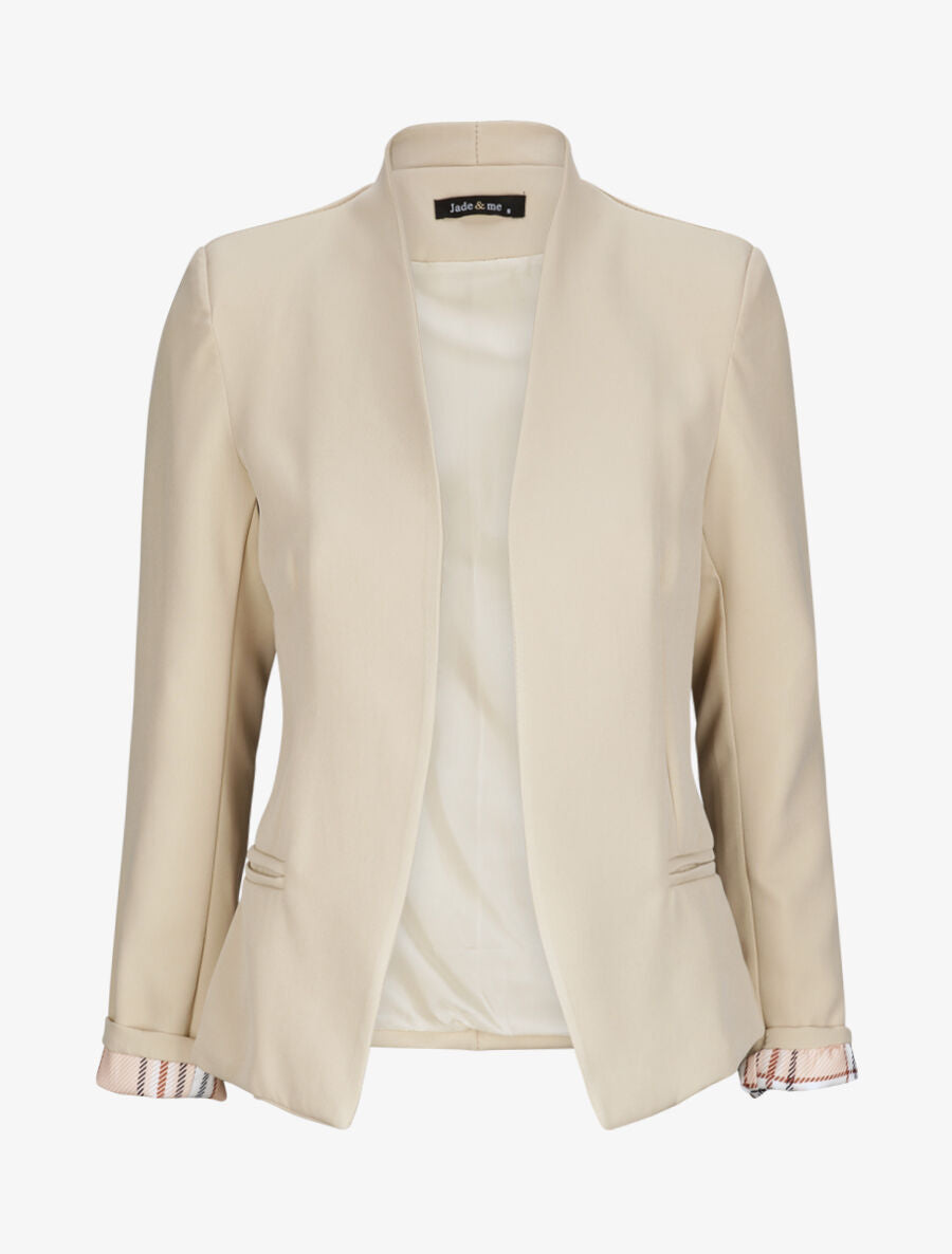 Veste droite unie manches longues à revers carreaux - Beige - 4