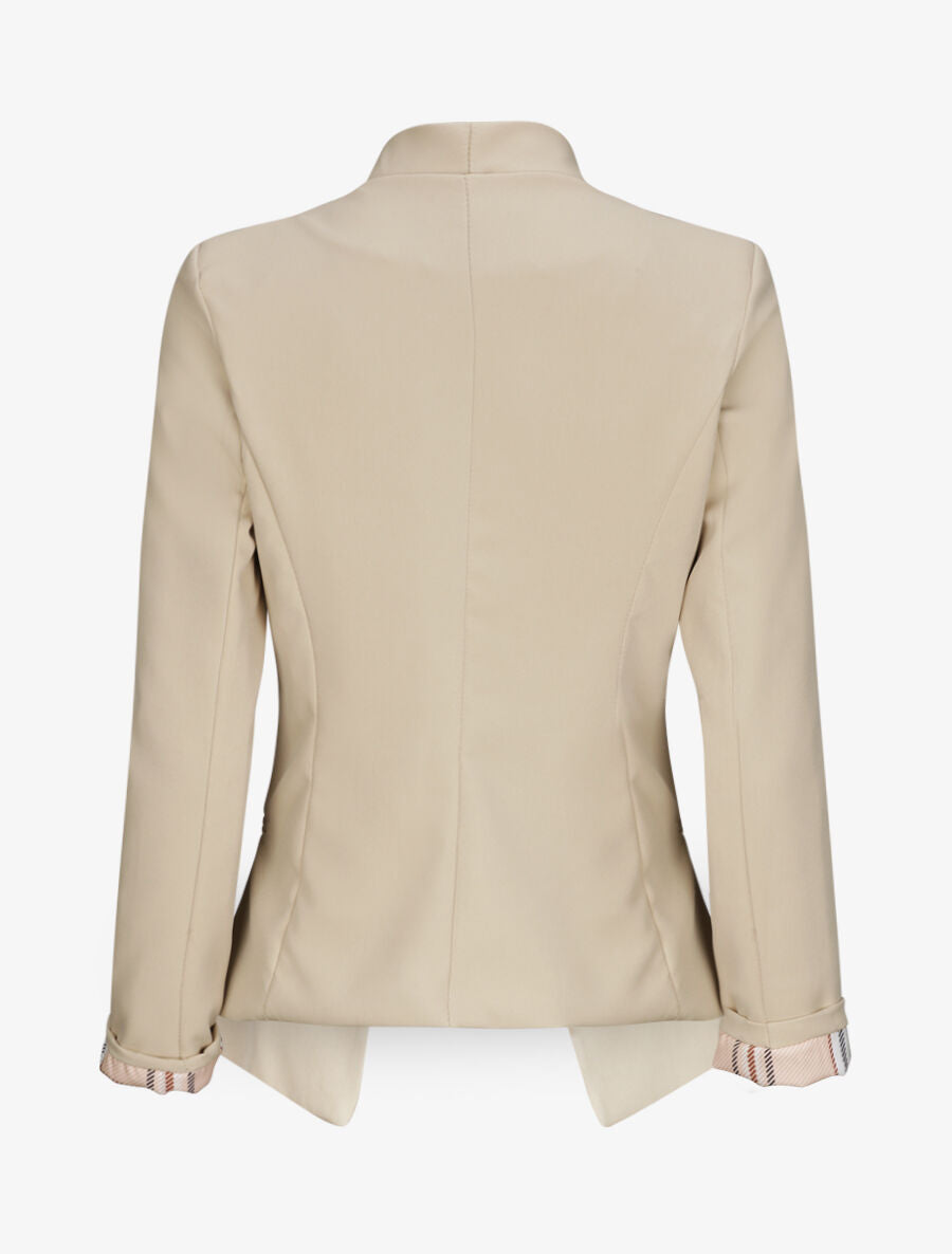 Veste droite unie manches longues à revers carreaux - Beige - 2
