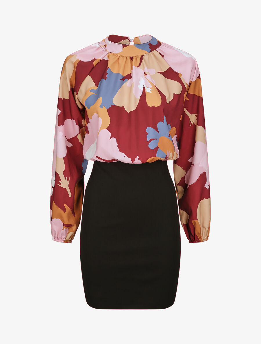 Robe bi-matière imprimé à col montant - Bordeaux - 1