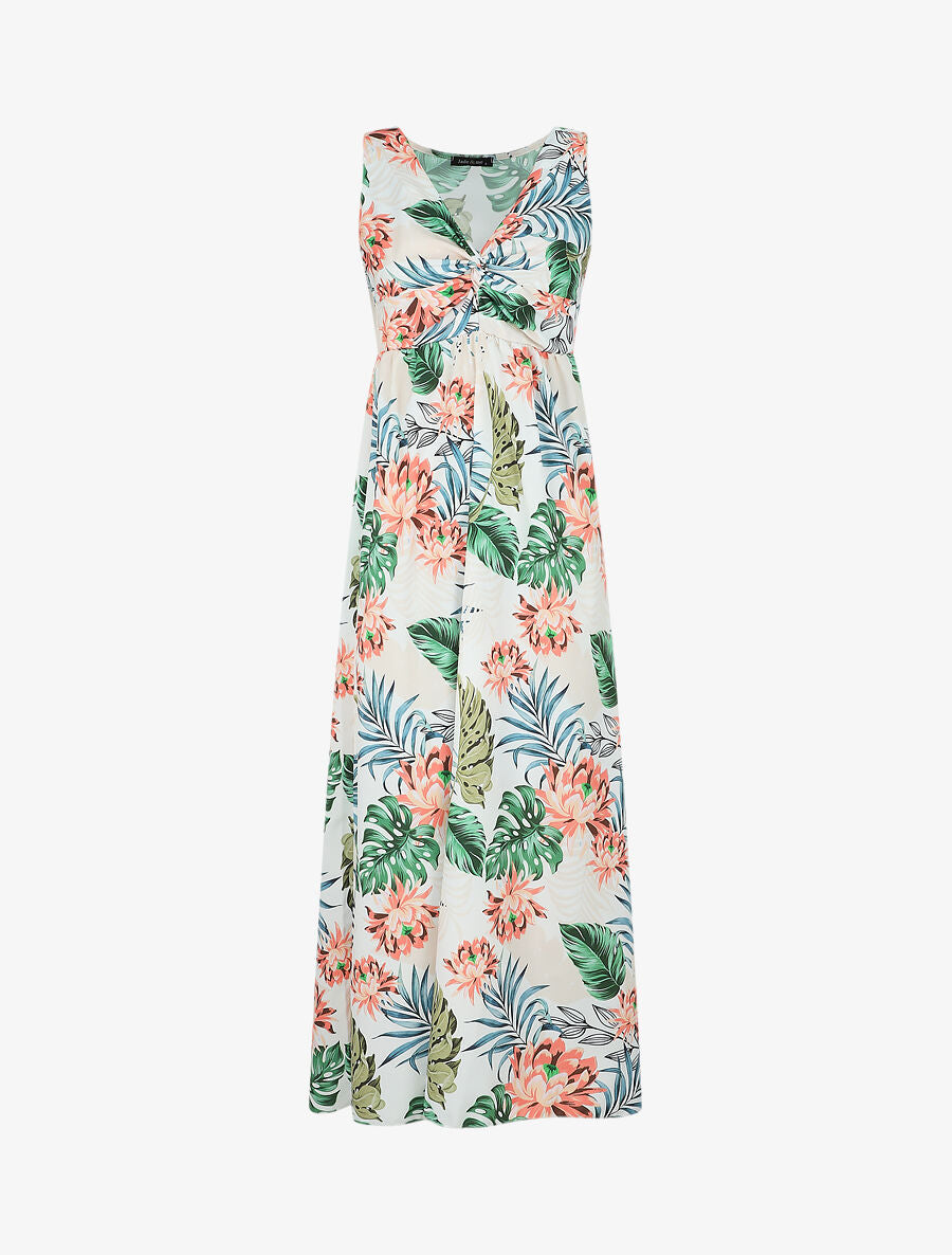 Robe longue col V torsadé imprimé tropical - Blanc - 1