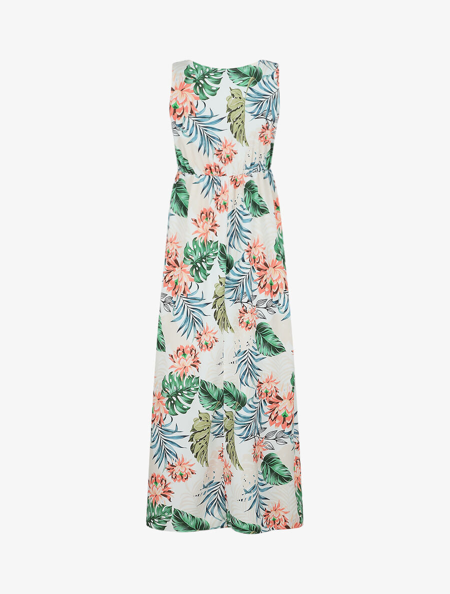 Robe longue col V torsadé imprimé tropical - Blanc - 2