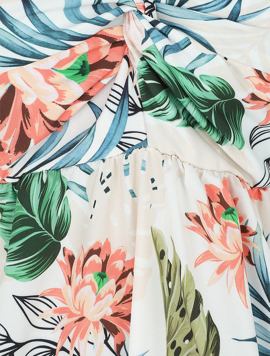 Robe longue col V torsadé imprimé tropical - Blanc - 3