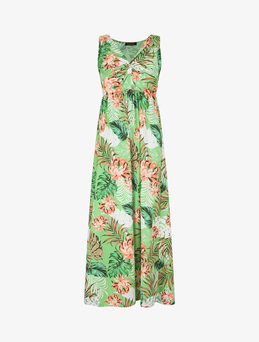 Robe longue col V torsadé imprimé tropical - Vert - 1