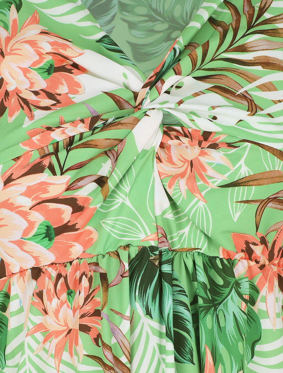 Robe longue col V torsadé imprimé tropical - Vert - 3