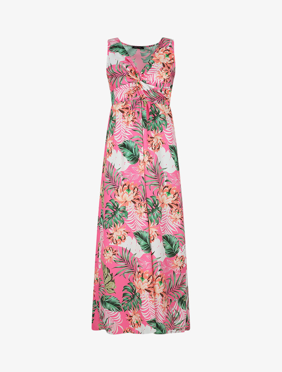 Robe longue col V torsadé imprimé tropical - Rose - 4