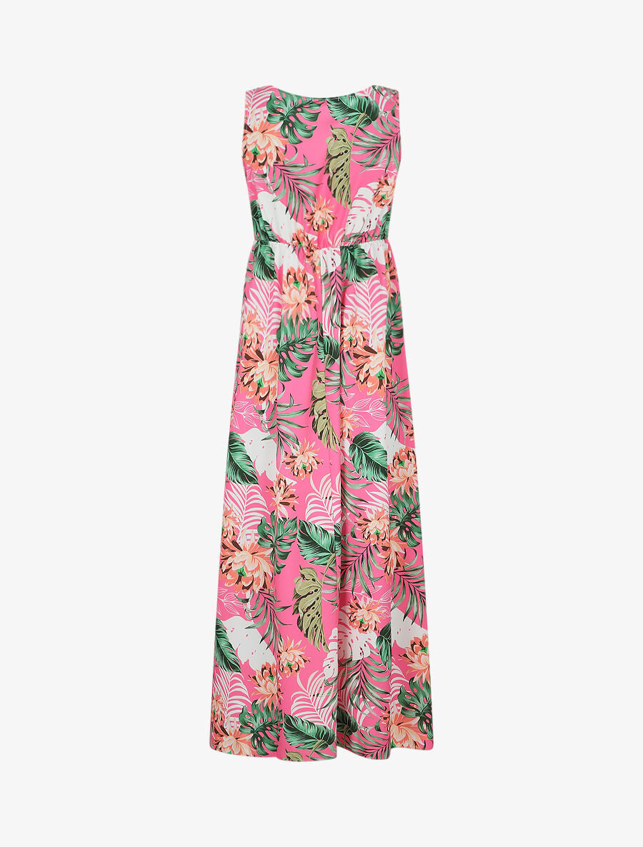Robe longue col V torsadé imprimé tropical - Rose - 2