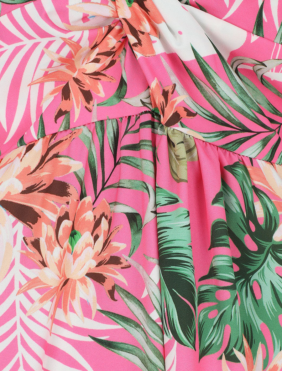 Robe longue col V torsadé imprimé tropical - Rose - 3