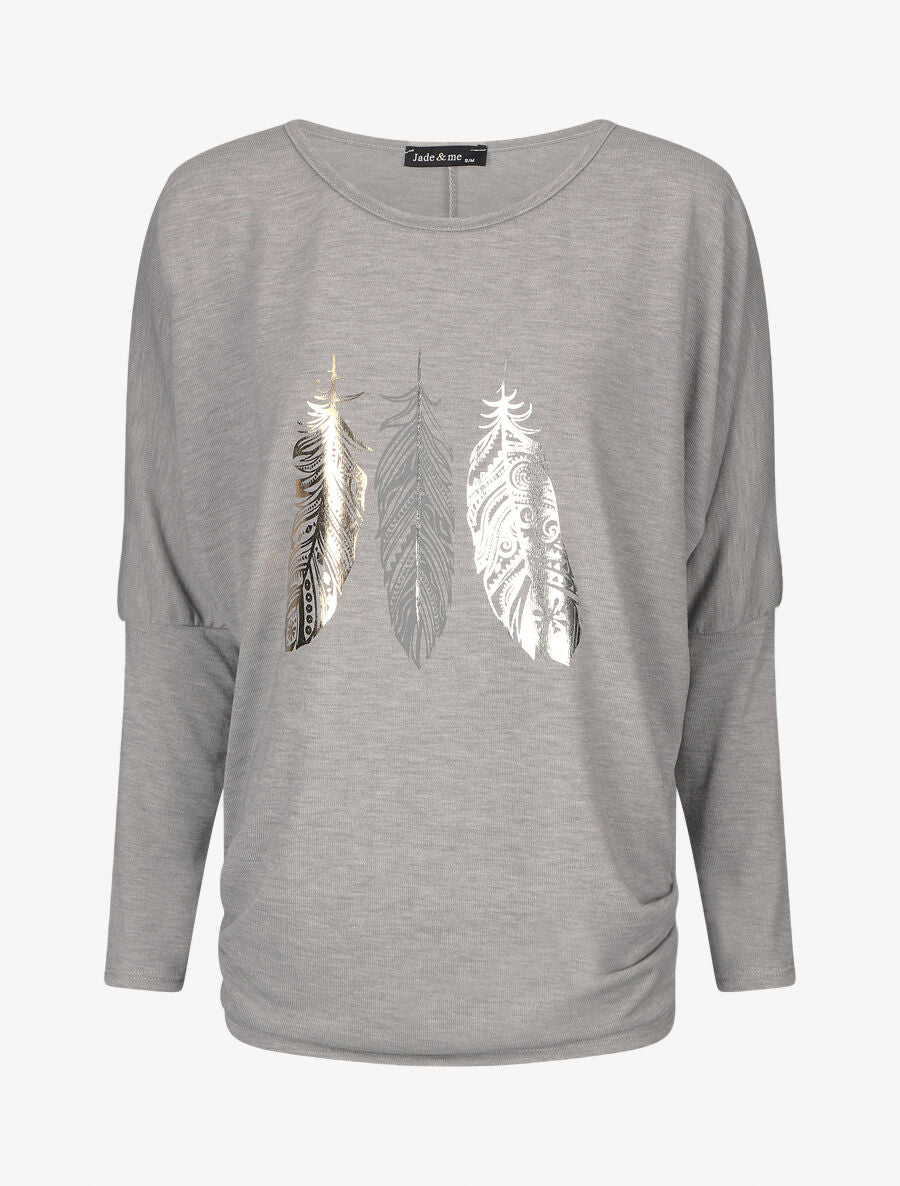 Pull ample à motif plumes irisées - Gris - 1