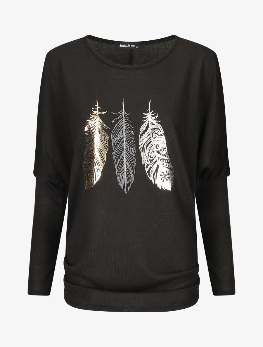 Pull ample à motif plumes irisées - Noir - 1