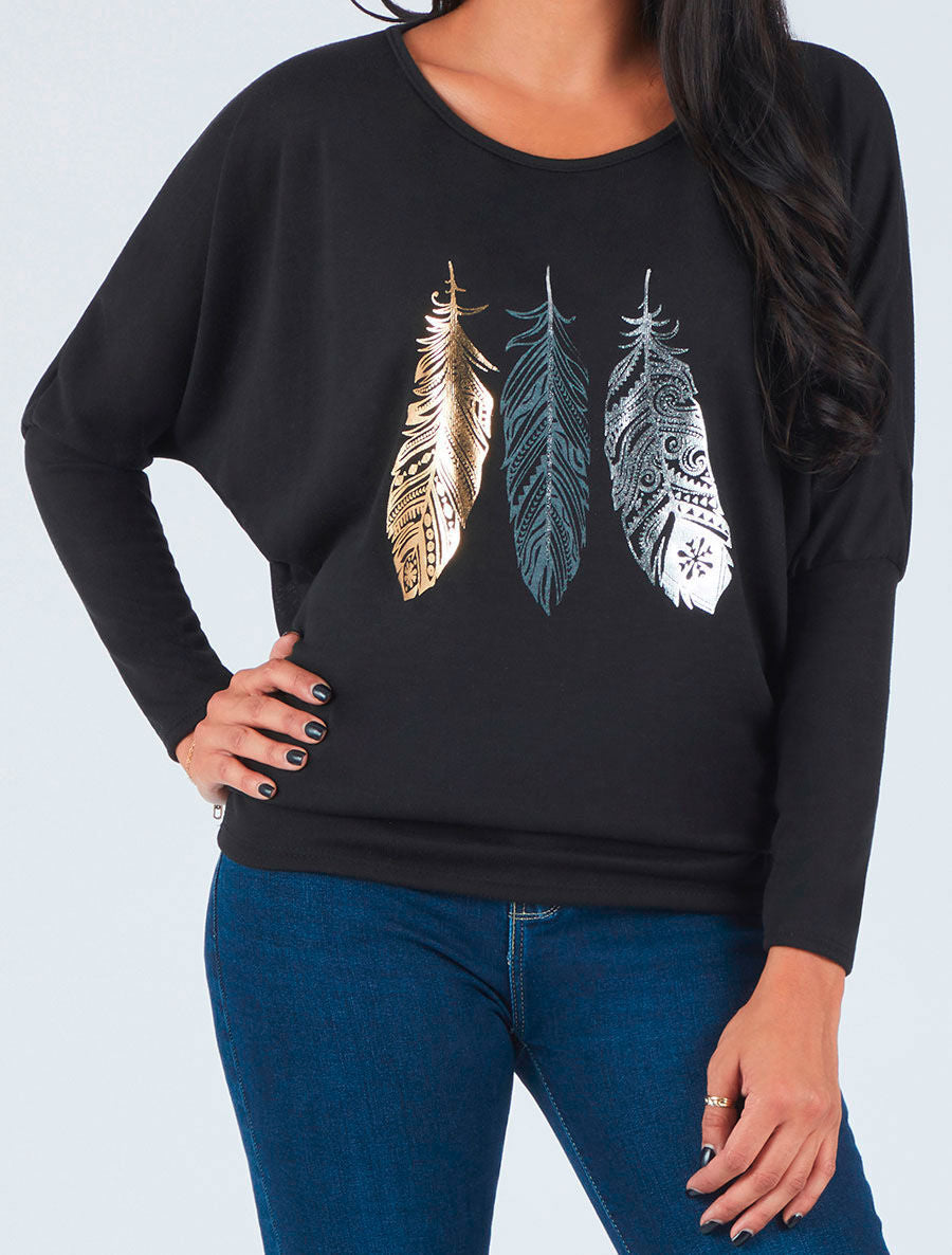Pull ample à motif plumes irisées - Noir - 4