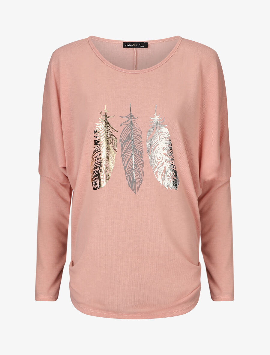 Pull ample à motif plumes irisées - Rose - 1