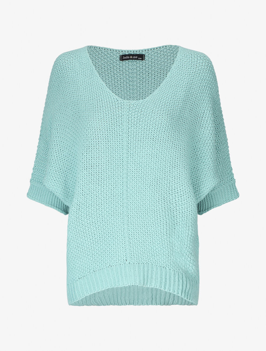 Pull grosse maille à manches 3/4 - Bleu ciel - 1