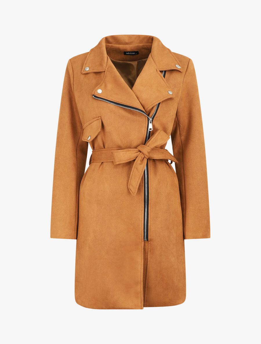 Trench mi-long zippé en suédine - Camel - 4