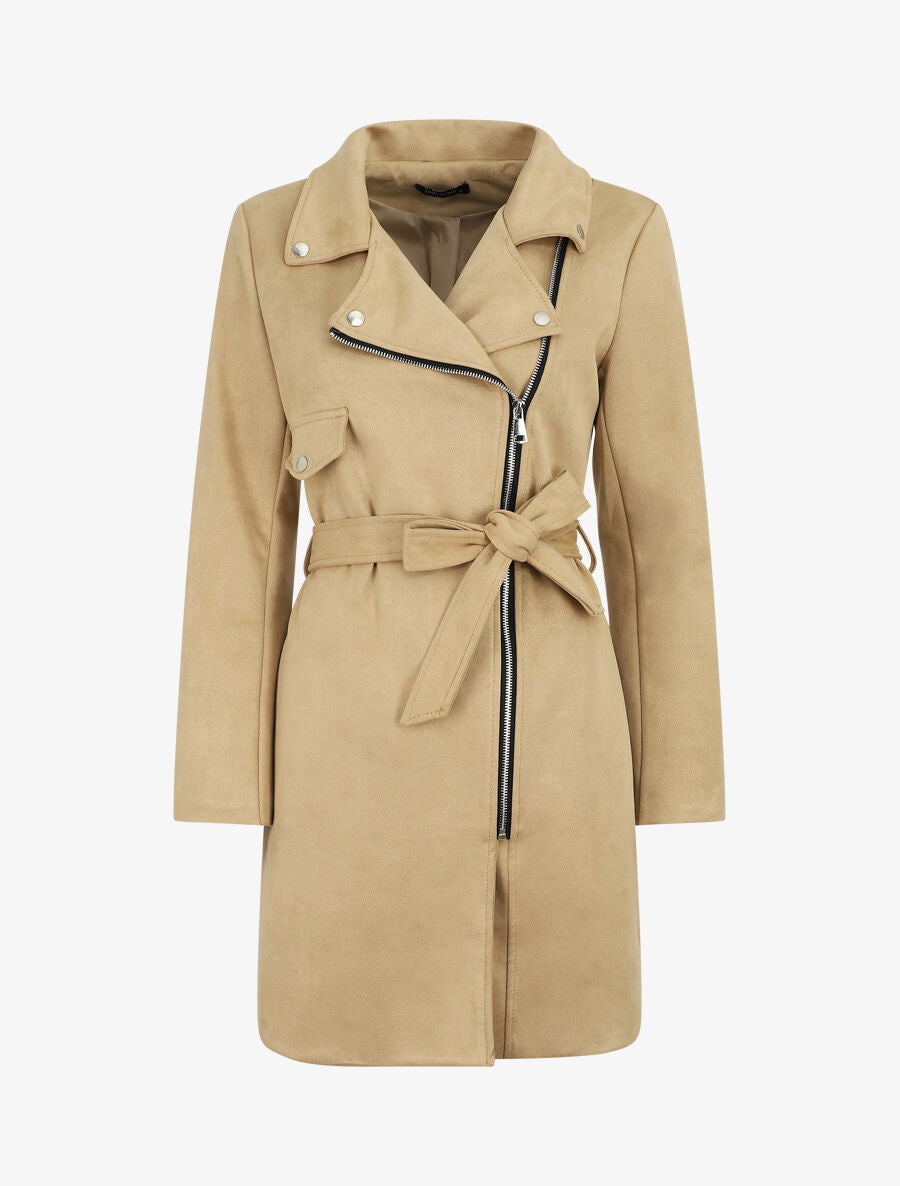 Trench mi-long zippé en suédine - Beige - 5