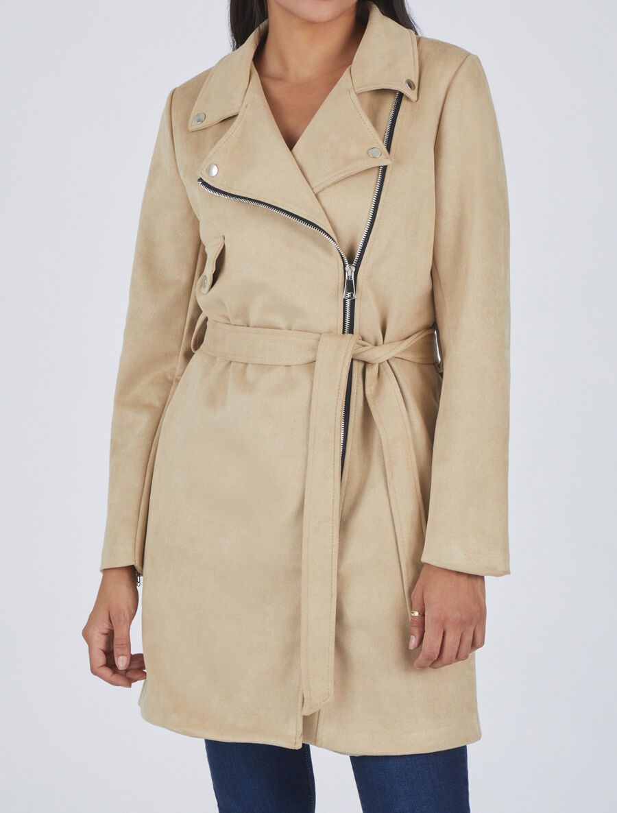 Trench mi-long zippé en suédine - Beige - 4