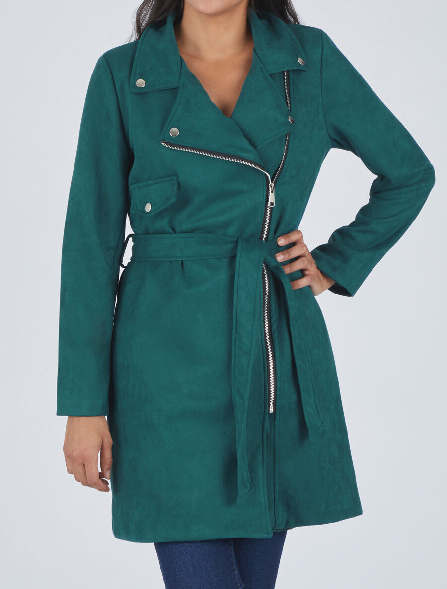 Trench mi-long zippé en suédine - Bleu canard - 4