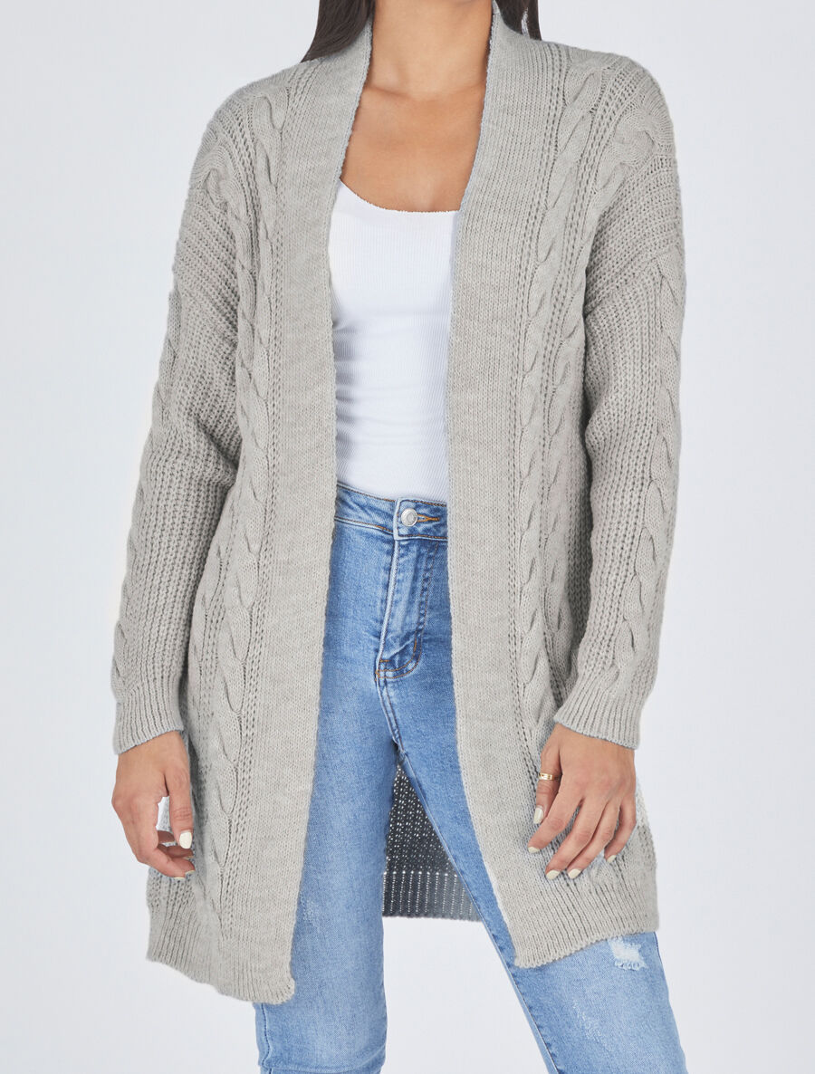 Gilet long ouvert en maille - Gris - 4