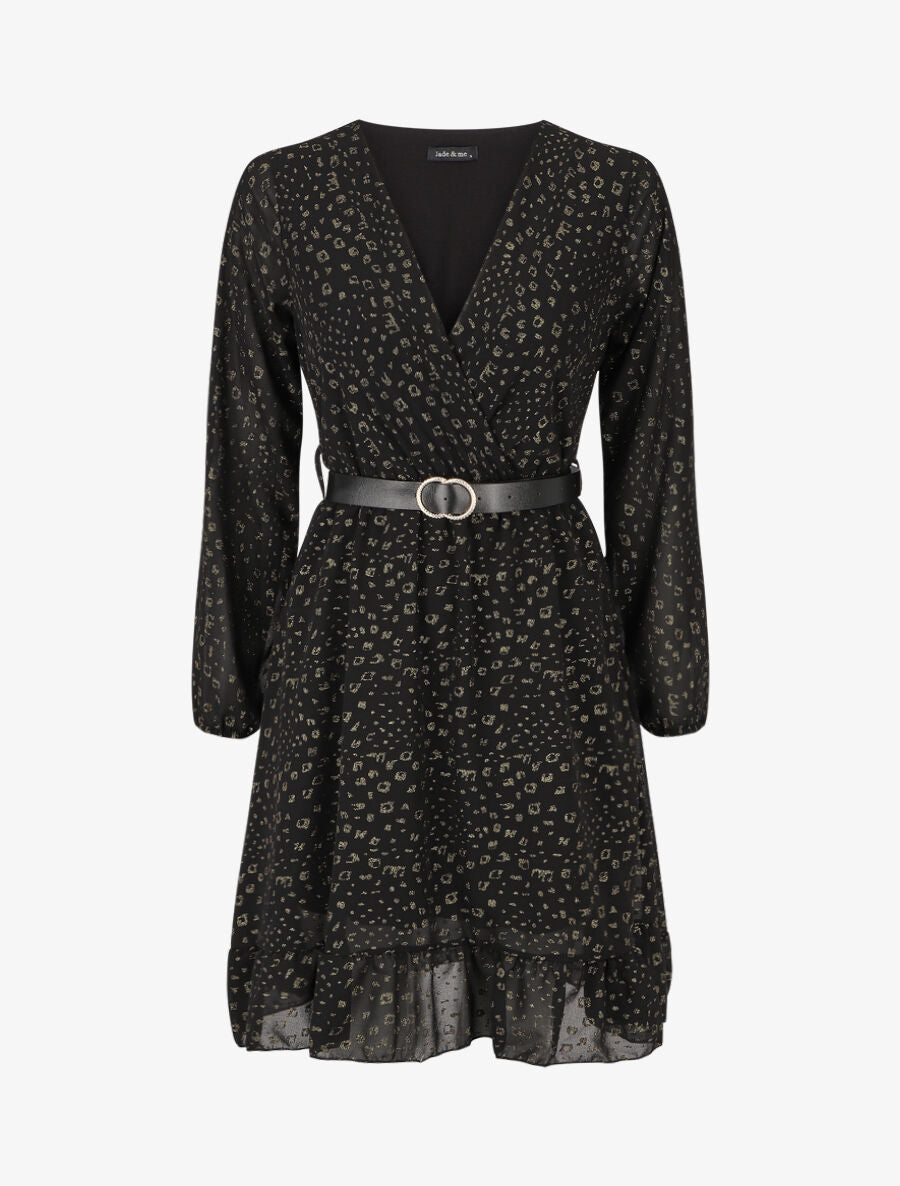 Robe mi-longue cache-coeur à imprimé graphique doré - Noir - 5