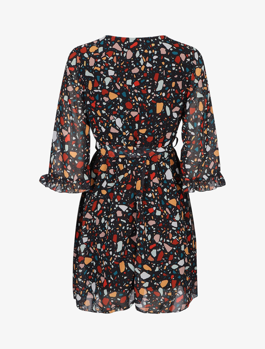 Robe cache-coeur à manches transparentes imprimé graphique - Noir - 2