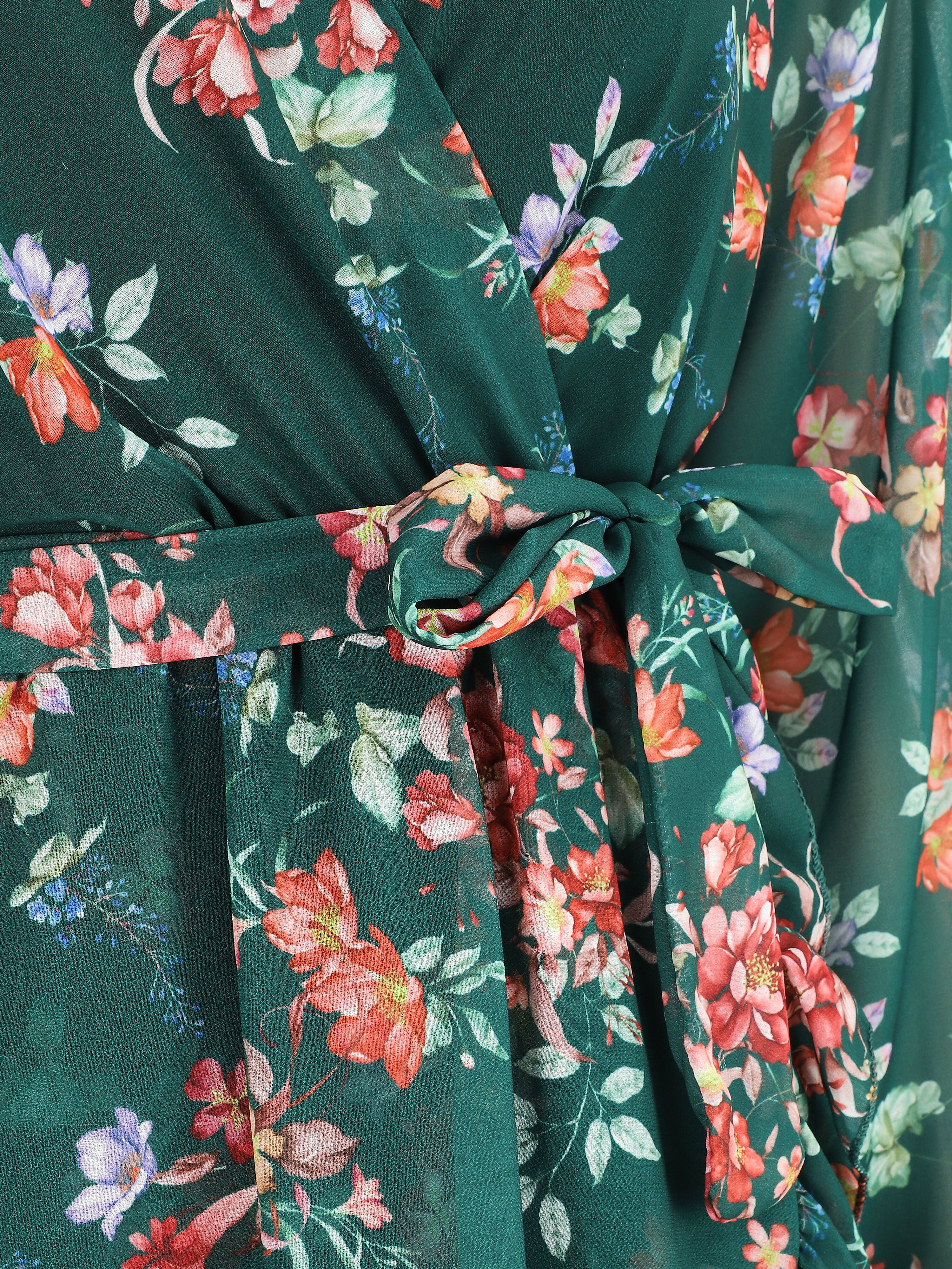 Robe à volants imprimé bouquet automnal - Vert - 3