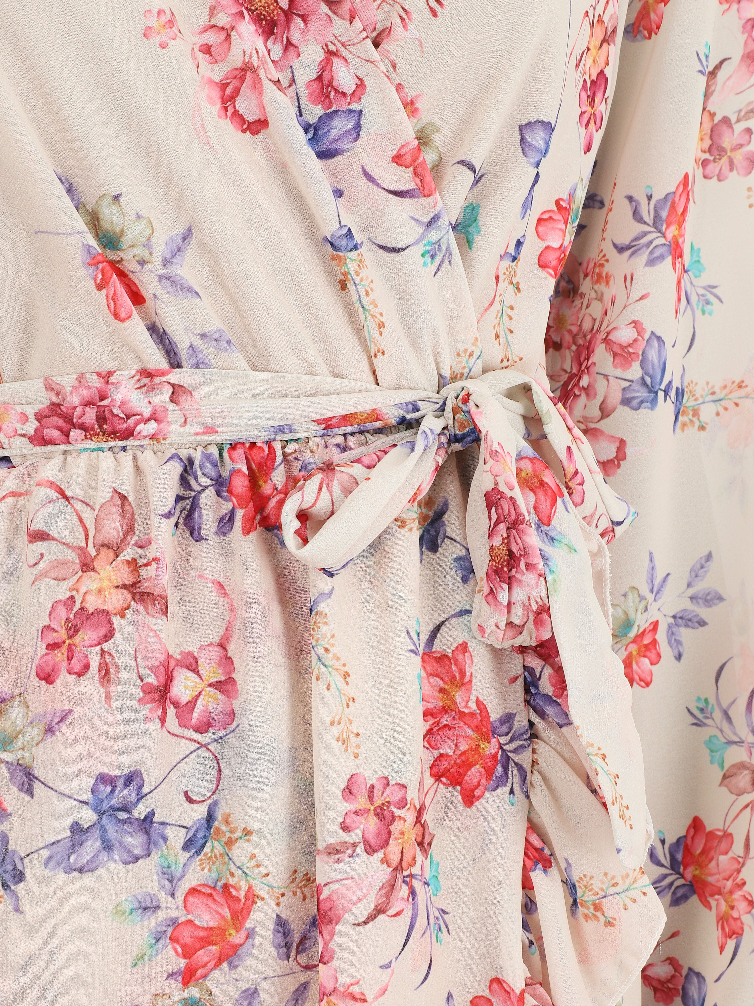 Robe à volants imprimé bouquet automnal - Beige - 3