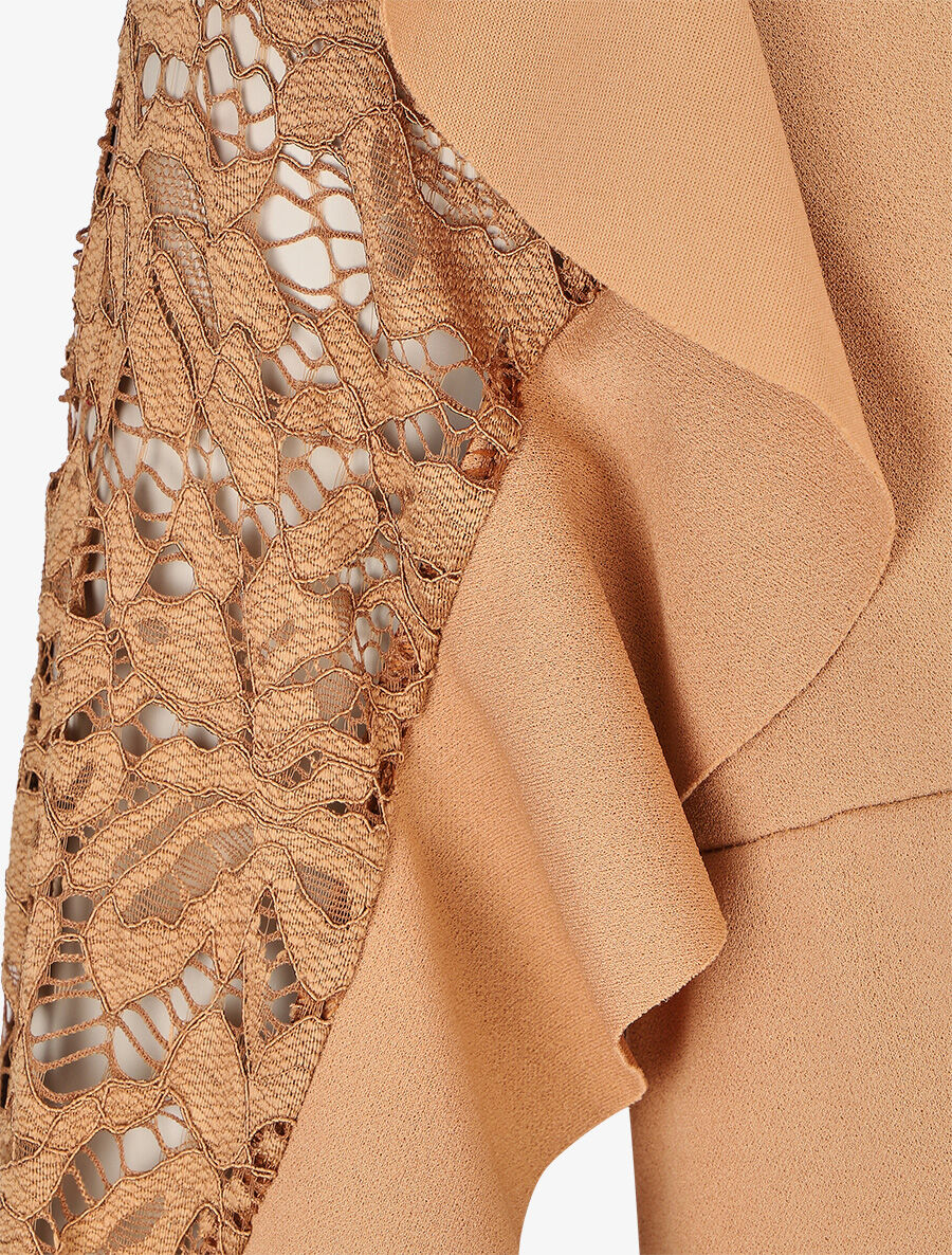 Robe unie à manches longues volantées en dentelle - Camel - 3